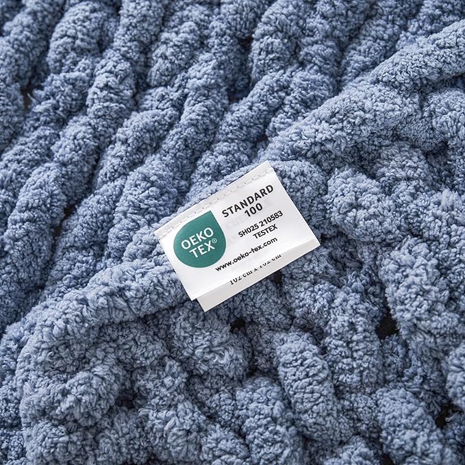 WESHIONGOO Chunky Knit Blanket Throw 40"×40" Knitted Throw Blankets for Couch Bed Fluffy Soft Blanket with Jumbo Chenille Yarn Thick 100% Handmade (Dusty Blue)