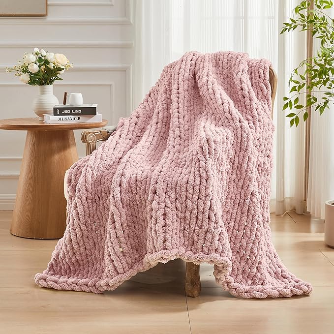 Carriediosa Chunky Knit Throw Blanket 60" X 80" Twin, 100% Hand Made Large Chenille Loop Yarn Soft Fluffy Throws for Couch Sofa Bed, Big Crochet Cozy Heavy Thick Cable Woven Blankets, Dusty Pink