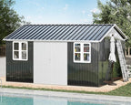 VanAcc 12x14x8.5 FT Galvanized Steel Outdoor Storage Shed with 2 4-Pane Windows Lockable Door, Nordic Cottage Shed for Backyard, Garden, Patio, Dark Grey/White