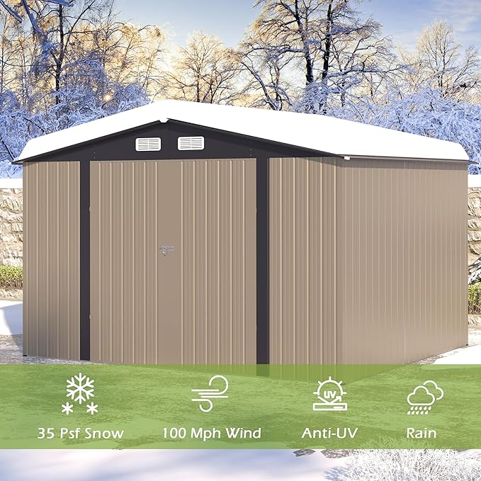8×10 FT Metal Shed Outdoor with Peaked Roof, Weather Resistant Outdoor Storage Shed with Lockable Double Doors for Backyard, Patio Lawn, Garden