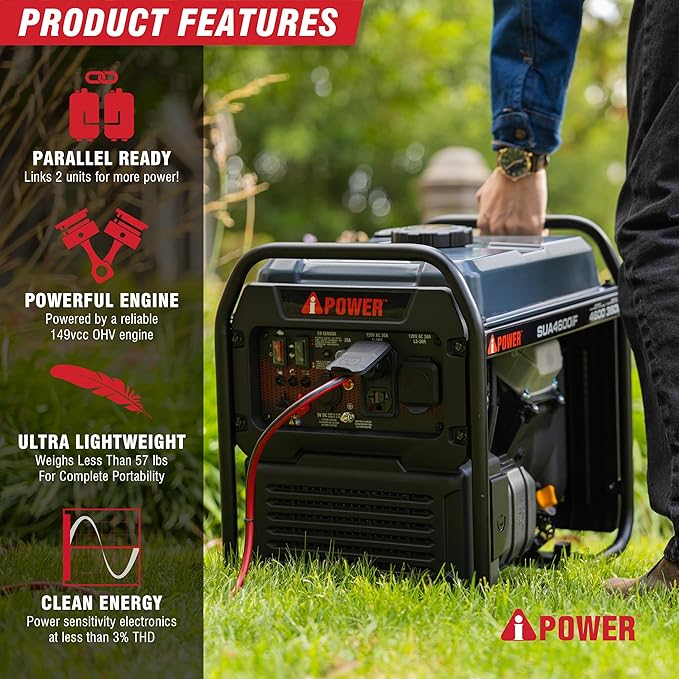 A-iPower 4600W RV-Ready Quiet Portable Inverter Generator Gas Powered, Ultra-lightweight Open Frame Power Supply for Tailigating/Home Backup, CO Sensor