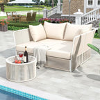 2-Piece Sunbed and Coffee Table, Patio Double Chaise Lounger Loveseat Daybed Outdoor Furniture Set for Backyard Poolside Lawn Balcony, Full, Ac-Beige