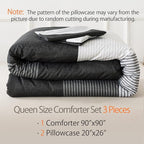 Andency Queen Comforter Set Black,3 Pieces Black White Gray Patchwork Striped Comforter (90x90 Inch), Soft Microfiber Down Alternative Queen Comforter Bedding Sets with Corner Loops