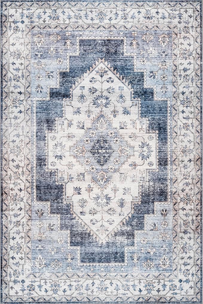 nuLOOM Dania Machine Washable Medallion Ultra Thin Area Rug, 4' x 6', Navy