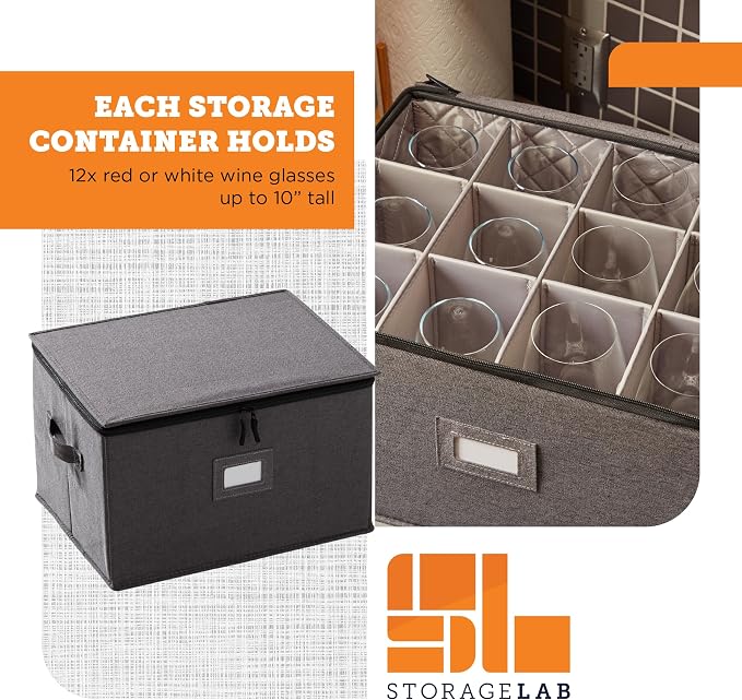 storageLAB Wine Glass Storage Cases | Hard Shell Felt Dividers | 2 Pack | 2-pack - each hard shell case holds 12 wine glasses in 4x4 felt compartments. Stackable, top-load. 24 glasses total.