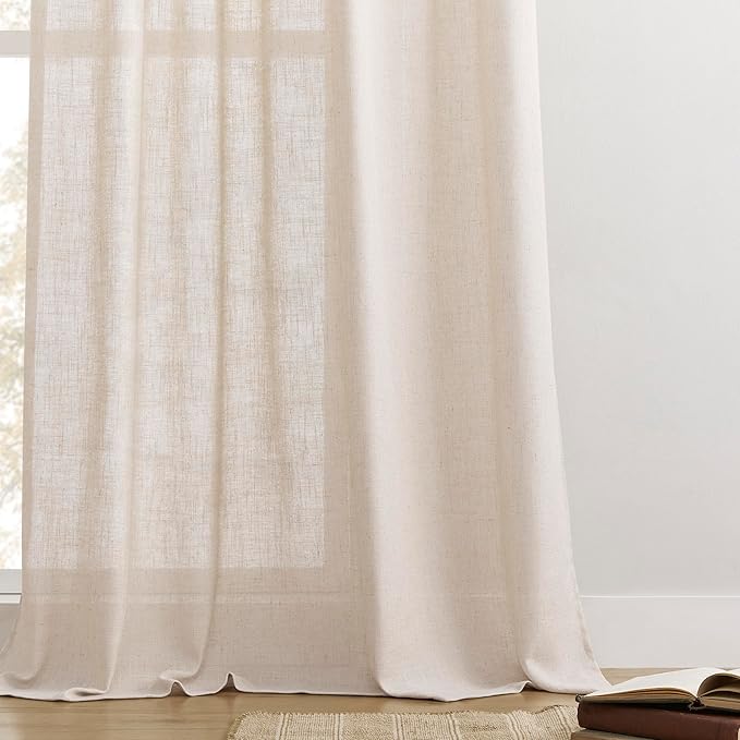 Joydeco Linen Curtains for Living Room,Semi Sheer Drapes Window Long Curtains 84 inches Long Pink Beige