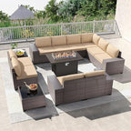 Kullavik 13PCS Outdoor Patio Furniture Set with 43" 55000BTU Gas Propane Fire Pit Table PE Wicker Rattan Sectional Sofa Patio Conversation Sets,Sand