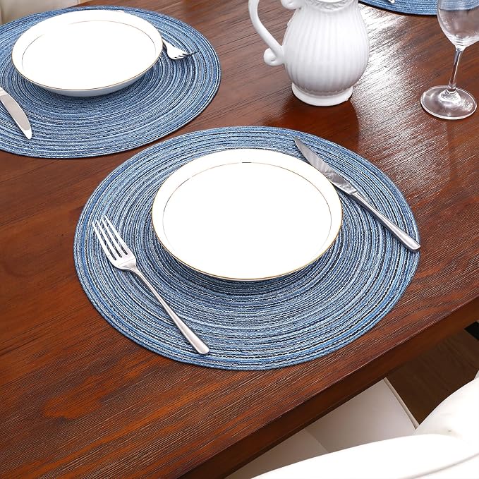SHACOS Round Braided Placemats Set of 12 Circle Place Mats Cotton Polyester Kitchen Table Mats for Dining Table Wedding Party Decor (Blue Gray, 12)