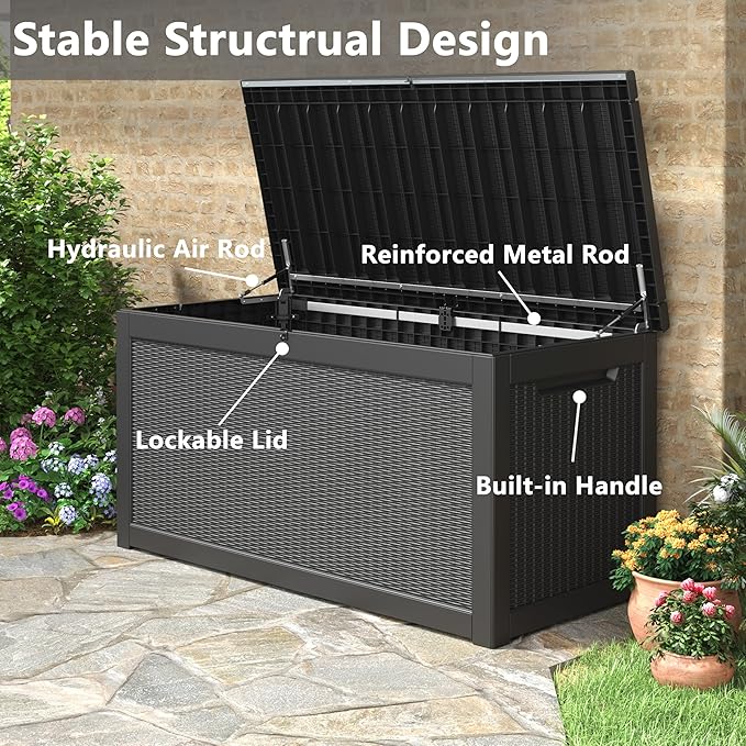 260 Gallon Resin Deck Box, Large Indoor and Outdoor Storage Box, Weatherproof and UV Resistant Outdoor Storage Box with Built-in Steel Beams for Patio Cushions, Pool Supplies
