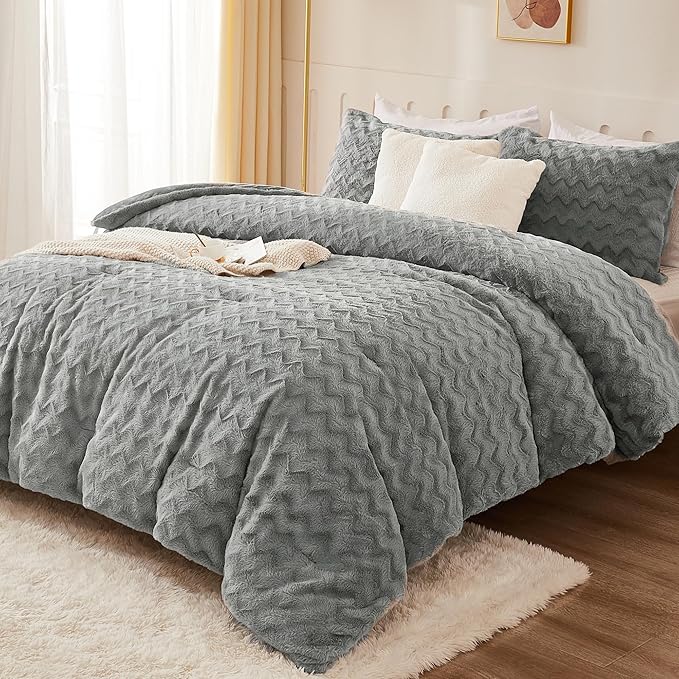 Andency Grey Fleece Comforter Set King, 3 Pieces Fuzzy Fluffy Faux Fur Bedding Comforter, Plush Shaggy Sherpa Bed Set for Winter (104x90Inch Comforter)