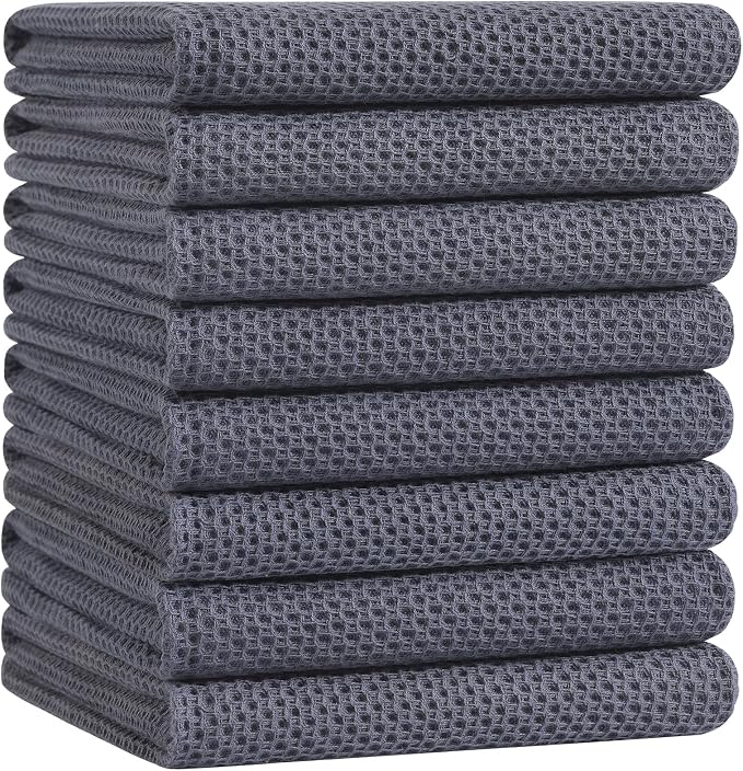 Homaxy 100% Cotton Oversized Waffle Weave Kitchen Towels 8-Pack, Dark Grey | 20 x 28 Inches, Ultra Soft Absorbent Dish Towels, Quick Drying Large Cleaning Towels