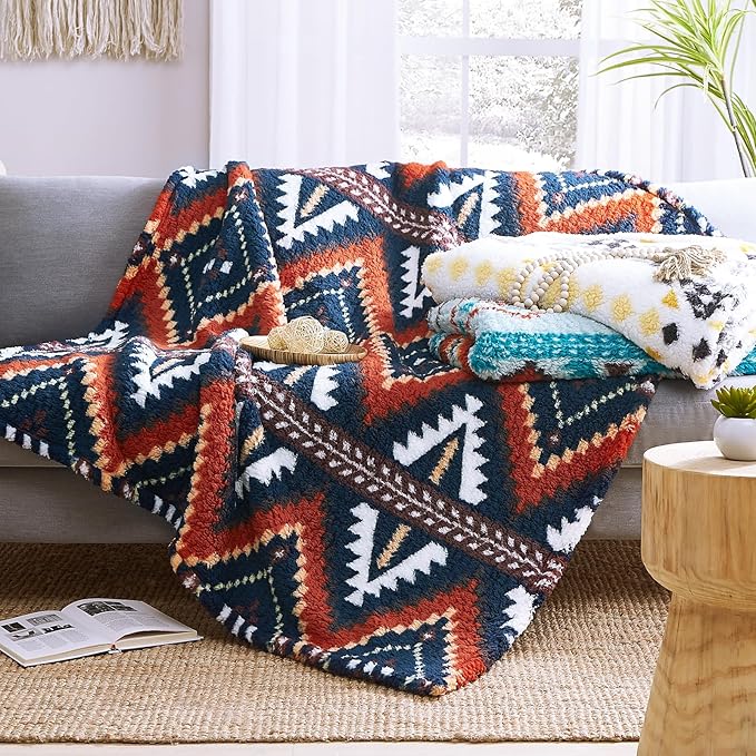 CASAAGUSTO Boho Sherpa Blanket, Aztec Twin Blanket, Ultra Soft, Warm, Cozy, Plush, Thick Fleece Western Blanket for Couch, Bed, Sofa (Navy Blue 60 * 80 Inch)