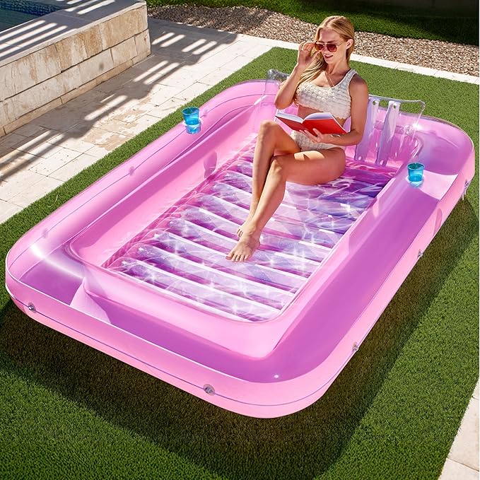 SLOOSH Inflatable Tanning Pool Lounger Float, 85" x 57" Extra Large Pool Floats Adult with Pillow, 4 in 1 Suntan Tub Raft Floatie,Sunbathing Bed Lounge for Water Blow Up Ball Pit, XL-Pink White