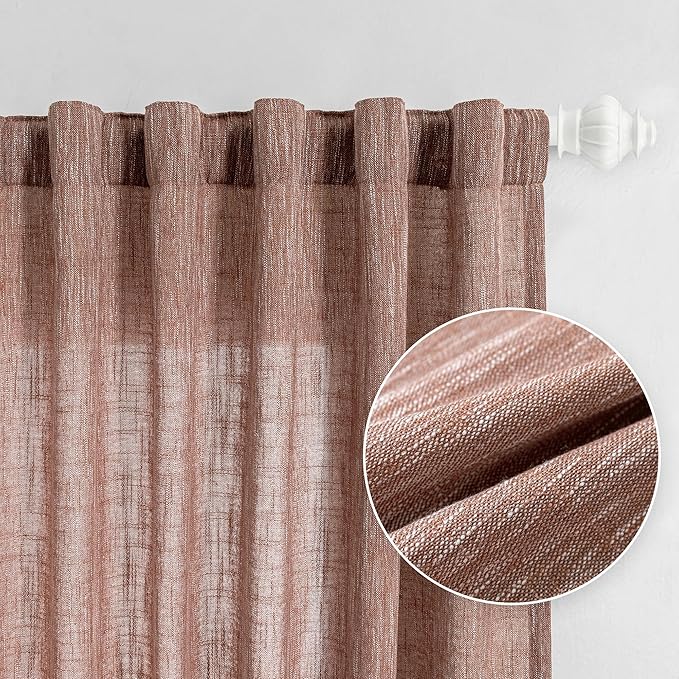 MYSKY HOME Living Room Curtains for Windows, Linen Look Texture Semi Sheers Boho Drapes Extra Long Floor Length Curtain Panels Soft Cotton Fabric, 50 x 108 Inch, Brick Red, 2 PCs