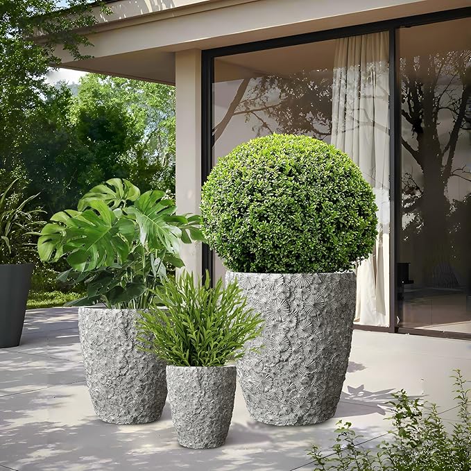 Craft flowerpots 16"+12"+10" Dia Round Concrete Planter Set of 3 Large Outdoor/Indoor Planter Pots Containers with Drainage Holes and Rubber Plug for Home Garden (Grey, Large)