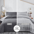 Boho Grey Stirped Comforter Set Twin for Kids Adult, 2 PCS Reversible Bedding Set Gray Comforter with 1 Pillow Sham, Lightweight Breathable for All Seasons(Twin,66x90inches)