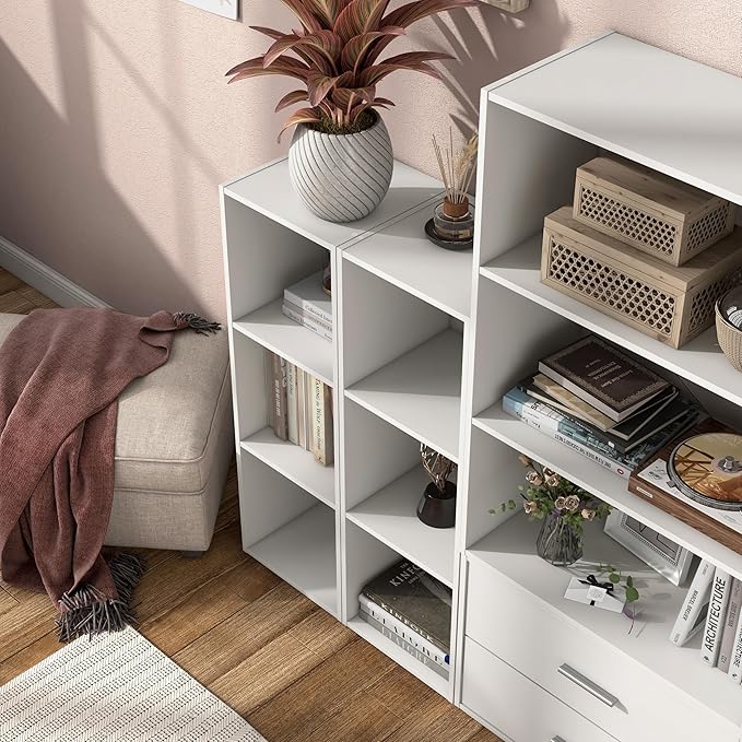Apexa 3 Cube Storage Organizer Shelves, Stackable Wood Bookcase Fits Cubby Bins for Organization, Dorm Teen Room Decor & Home Office, White