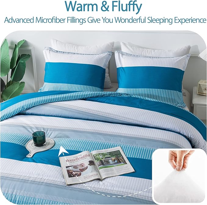 Andency Stripe Comforter Set King Size (104x90 Inch), 3 Pieces Teal Patchwork Striped Comforter, Soft Microfiber Down Alternative Comforter Bedding Set with Corner Loops