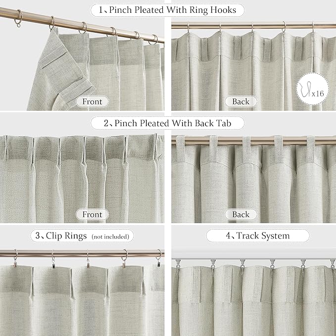 FMFUNCTEX Pinch Pleated Curtains 84 Inches Long for Living Room,Cream Beige Semi Sheer Faux Linen Textured Pleat Drapes for Bedroom with Hooks, Light Filtering Farmhouse Window Drapes 2 Panels
