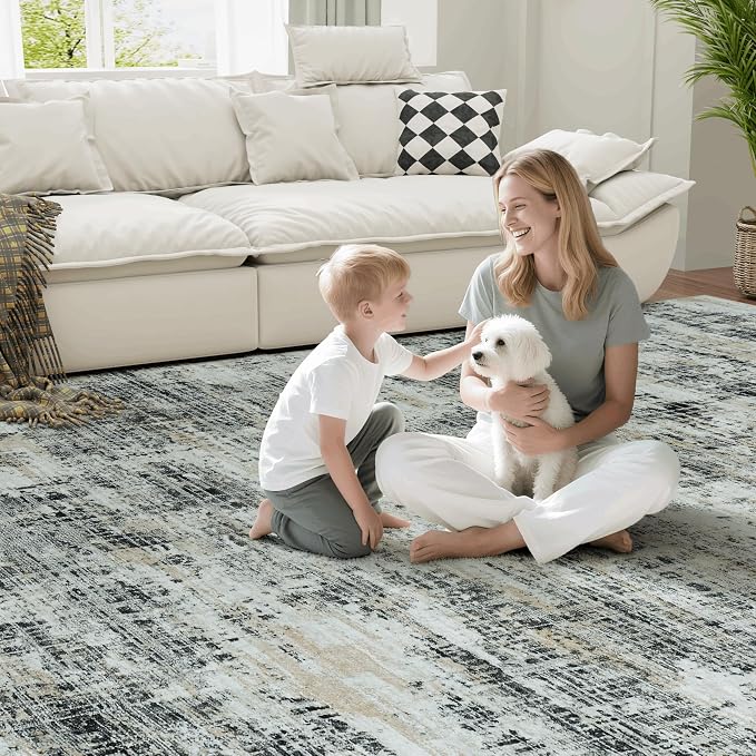 8x10 Washable Area Rug for Living Room Bedroom: Non-Slip Modern Black Gray | Machine Washable TPR Backing, Stain-Resistant Low Pile, Pet & Kid Friendly, Abstract Decor for Dining Room, Dorm, Home Office