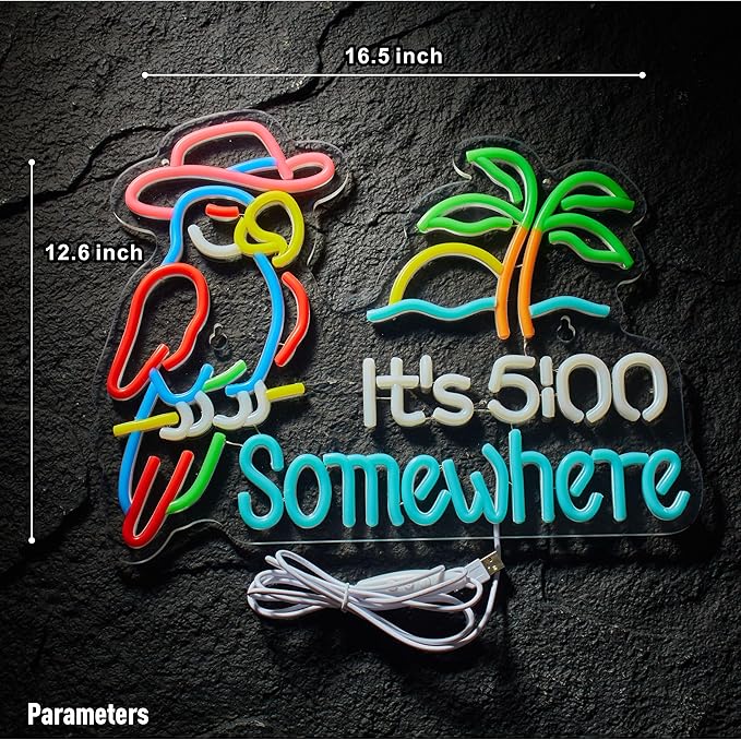Parrot Its 5 00 O'clock Some Where Neon Sign for Wall Decor USB Powered Five Oclock Dimmable Bar Beer LED Light Man Cave