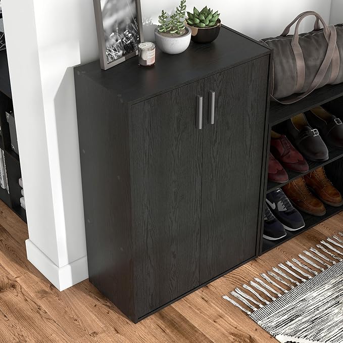 Apexa Stackable Wood Bookcase with Doors, Cube Storage Organizer Shelves, Small Food Pantry, Dorm Teen Room Decor & Bedroom, Home Office, Kitchen, 3-Tier Cabinet, Black