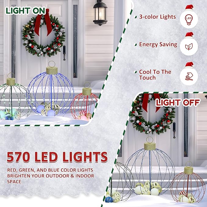 Outdoor Christmas Decorations, Set of 3 Lighted Christmas Ball Ornaments with 570 LED Lights, 6 Ground Stakes, Included 20 Small Plastic Xmas Ball Ornaments for Holiday Decor Yard