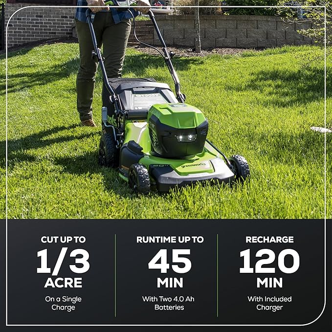 Greenworks 48V (24V x 2) 20" Brushless Cordless (Push) Lawn Mower (LED Headlight), (2) 4.0Ah Batteries and Dual Port Rapid Charger Included (200+ Compatible Tools)