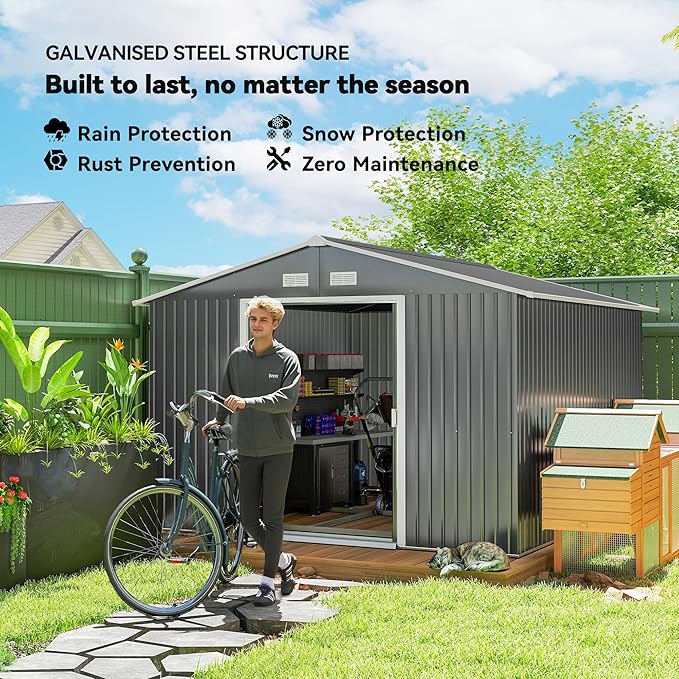 Outsunny 11' x 9' Outdoor Storage Shed, Garden Tool Metal Shed with Foundation Kit, Double Lockable Door, Air Vents and Sloping Roof, for Backyard, Patio, Lawn, Gray
