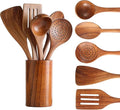 Wooden Spoons for Cooking, Cooking Utensils Set of 6 Natural Teak Wooden Cooking Spatulas with Utensils Holder Comfort Grip Wooden Kitchen Utensils for Nonstick Cookware