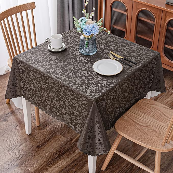 Smiry Square Waterproof Heavy Duty Vinyl Tablecloths, 54 x 54 Inch | Wipeable Washable Floral Embossed Table Cover for Kitchen and Dining Room, Indoor & Outdoor Use, Coffee