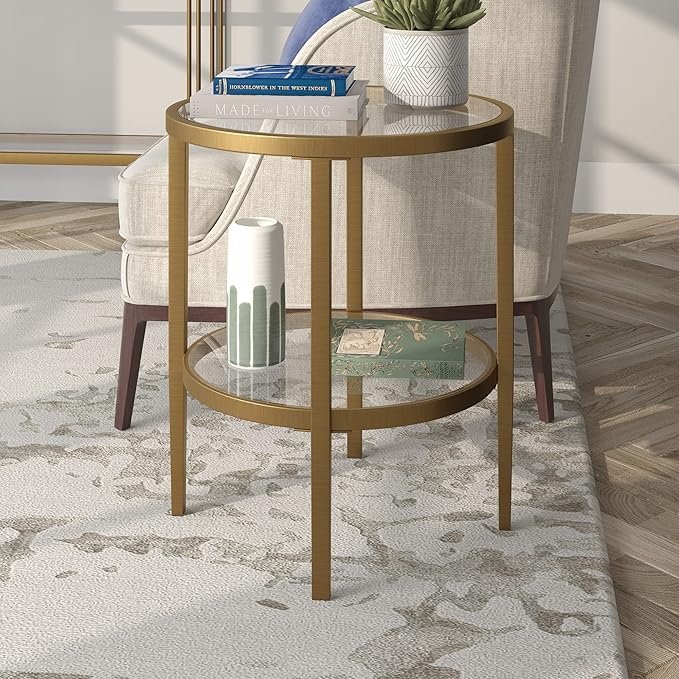 Henn&Hart 20" Wide Round Side Table with Glass Shelf in Antique Brass, Table for Living Room, Bedroom
