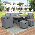 Outdoor Rattan Sectional Sofa with Dining Table, Chairs and Stools for Garden Backyard, 6-Piece Patio Furniture Set All-Weather Wicker Conversation Couch, Onesize, Gray