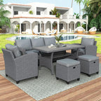 Outdoor Rattan Sectional Sofa with Dining Table, Chairs and Stools for Garden Backyard, 6-Piece Patio Furniture Set All-Weather Wicker Conversation Couch, Onesize, Gray