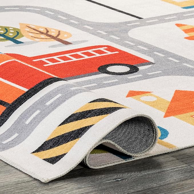 nuLOOM Carmina City Streets Machine Washable Kids Ultra Thin Area Rug, 4' x 6', White Multi