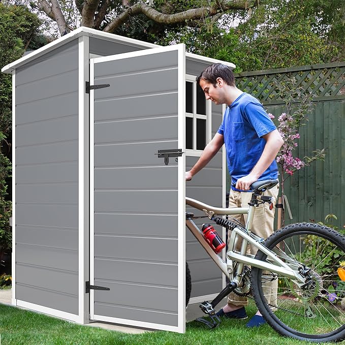 DWVO 5x3ft Resin Outdoor Storage Shed with Floor, Waterproof Lockable Storage Shed with Window, Plastic Outside Tool Storage for Garden, Backyard, Patio, Lawn, Gray
