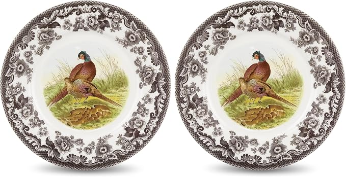 Spode Woodland Pheasant Luncheon Plate - 9" Fine Earthenware Plate with British Flowers Border, Rustic Game Bird Design - Dishwasher, Microwave, Oven & Freezer Safe - Made in England (Pack of 2)