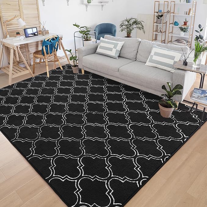 Chicrug Shag Geometric 4x6 Area Rug for Living Room, Large Modern Memory Foam Indoor Carpet, Fluffy Rug for Bedroom Bedside Room Decor for Family Girls Kids Nursery, Black/White