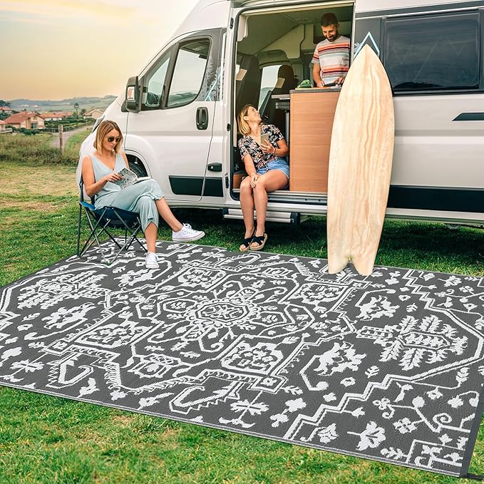 Waterproof Outdoor Rug 9x18 Reversible Plastic Straw Patio Rug, Stain-Resistant Vintage Medallion Carpet, Large Indoor Outdoor RV Mat for Deck, Camping, Balcony, Grey White
