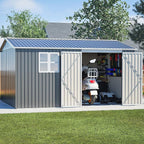 10X12 FT Outdoor Storage Shed Heavy-Duty Metal Sheds & Outdoor Storage with Floor Frame, Rustic Style Window and Lockable Doors Bright and Spacious Tool Sheds for Backyard Garden Patio Lawn, Gray