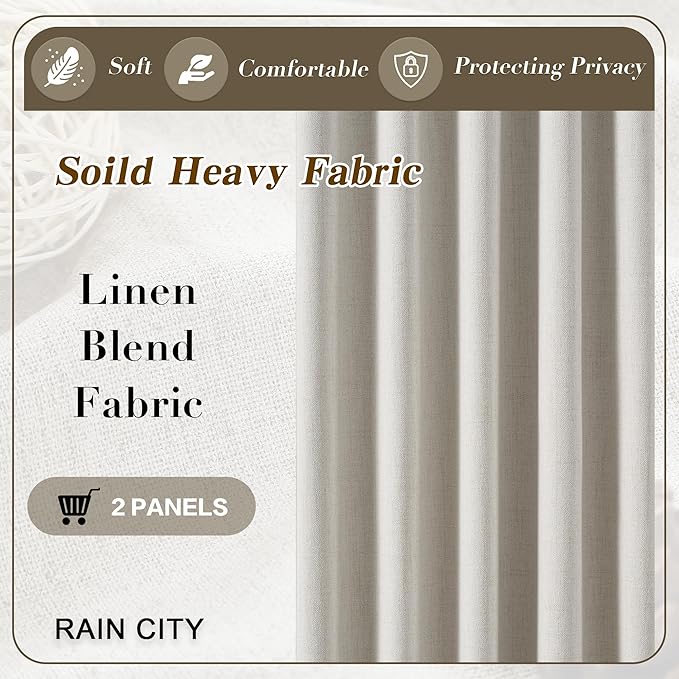 RAIN CITY 130 Inch Blackout Curtains 2 Panels Set, Linen Custom Curtain for Track System High Ceiling to Floor Back Tab Farmhouse Dark Out Window Drapes for Living Room,Natural Birch 50"x130"