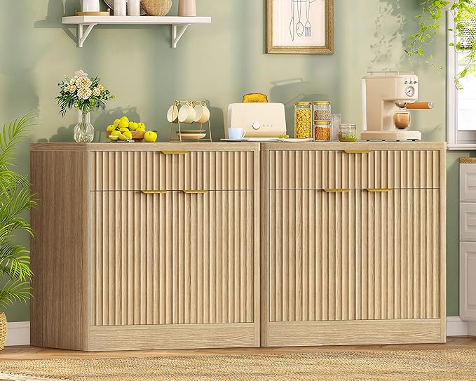 63" Fluted Buffet Sideboard Cabinet with Storage, Buffet Table Coffee Bar Wine Bar Storage Cabinet with Adjustable Shelf for Living Room, Kitchen, Natural