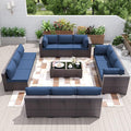 Patio Furniture Set 14-Piece Outdoor Furniture for Backyard Wicker Sectional Sofa Set, PE Rattan Patio Conversation Set 12 Seat with Thickened Cushions and Glass Coffee Tables, Navy Blue
