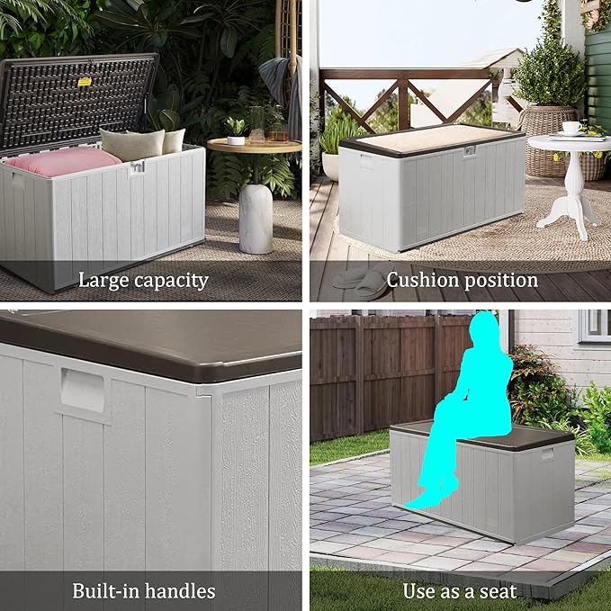 110GAL Brown Blow - Molded Outdoor Deck Box with Lock Hole - Waterproof, SGS - Protected from UV, Robust Storage for Large Garden Tools and Pool Equipment, Effortless Assembly