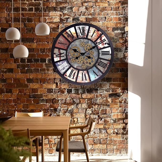 Unique Moving Gear Extra Large Wall Clock 21"-Battery Powered. Retro Industrial Steampunk Country Farmhouse Decor for Living Room, Kitchen,Bars, Restaurants, cafes, Offices(Black- 21")