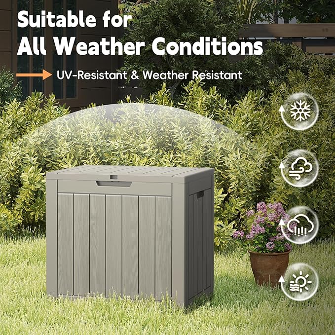 Outdoor Storage Box, 31 Gallon Waterproof Resin Deck Box, Storage Bin for Package Delivery, Patio Furniture Cushion, Garden Tools, Pool Accessories, Weatherproof and UV Resistant, Grey