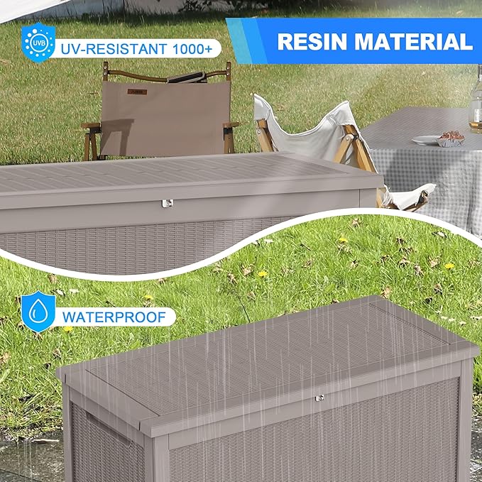 260 GallonOutdoor Storage Box,Resin Deck Boxes Waterproof, IndoorOutdoor Bin for Package Delivery, Patio Cushions, Gardening Tools, Lockable, UV Resistant