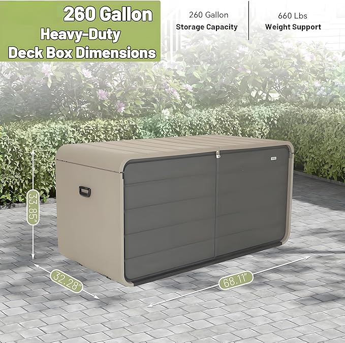 KUIKUI Deck Boxes Outdoor Waterproof, Large Outdoor Deck Box with Wheels Waterproof, 260 Gallon XXL Storage Box Lockable, Grey