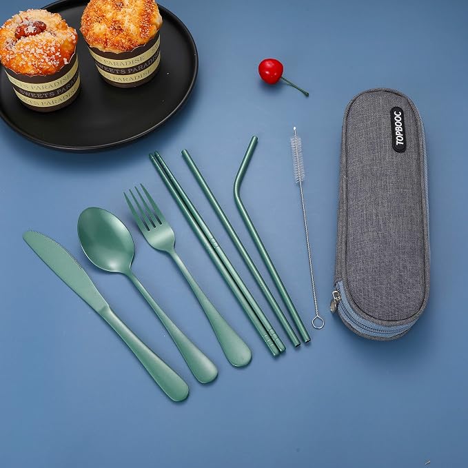 Portable Stainless Steel Flatware Set, Travel Camping Cutlery Set, Portable Utensil Travel Silverware Dinnerware Set with a Waterproof Case (Green)
