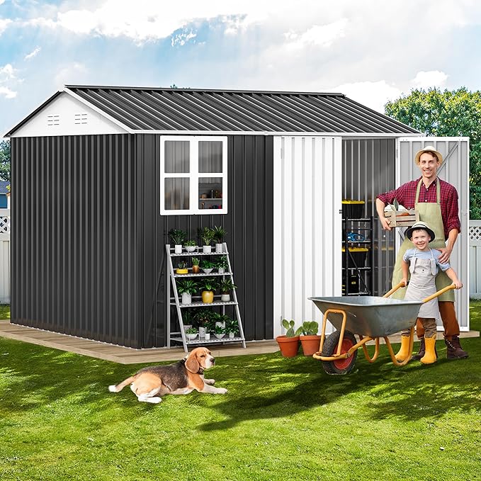 DWVO 10x8ft Large Tool Storage Shed with Window, Lockable Doors, and Sloped Roof, Oversized Steel Outdoor Storage Shed for Garden, Patio, Garage, Backyard, Lawn - Gray & White